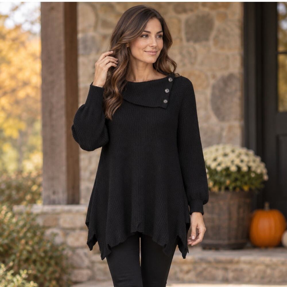 Black Ribbed Asymmetrical Foldover Neck Button Tunic Sweater Sharkbite Hem Small